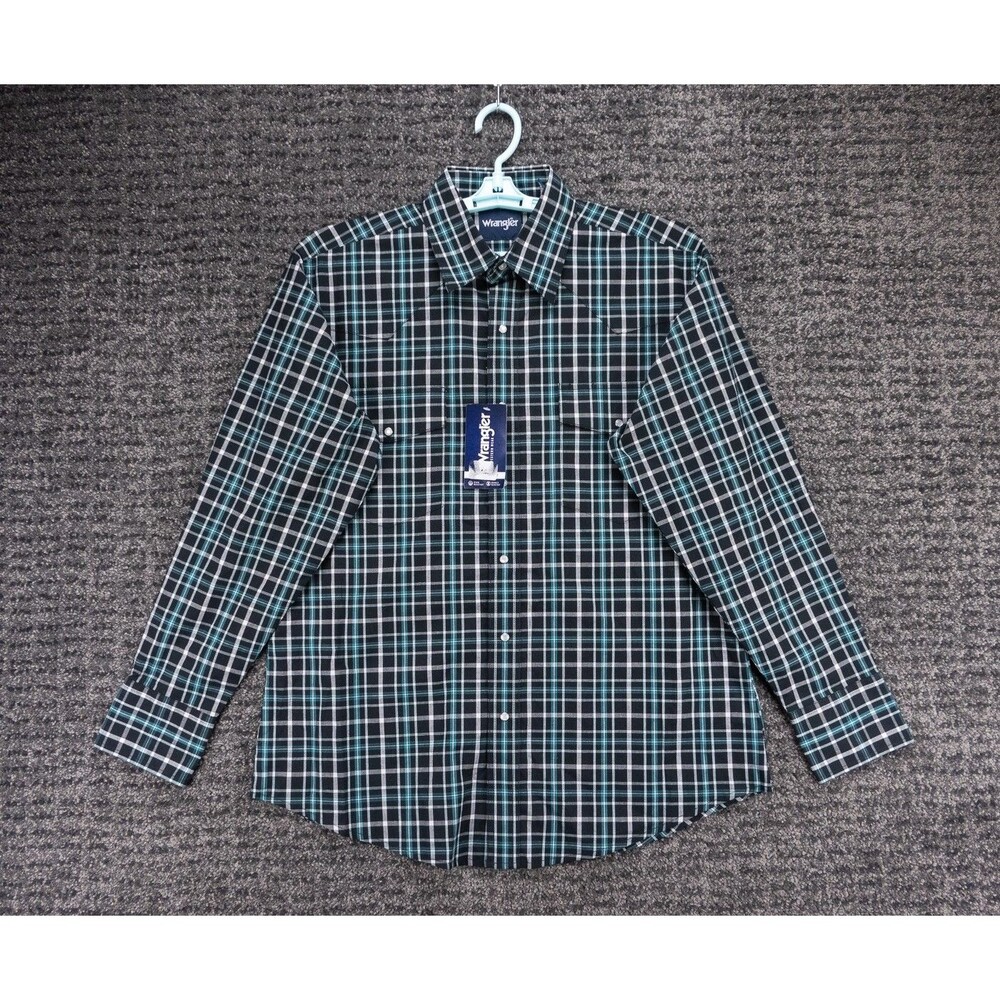 Wrangler Shirt Mens Large Black Green Plaid Stretch Western Pearl Snap Rodeo NWT